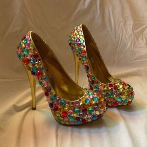 Privileged Multicolor Bejeweled Gem Gold Stiletto High Heels - Size 7.5